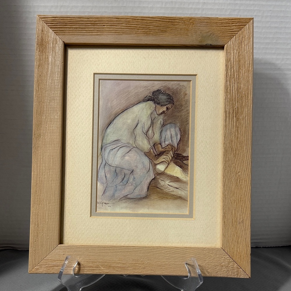 Navajo Artist Art Print RC Gorman  Woman Grinding Corn Rustic Natural Wood Frame